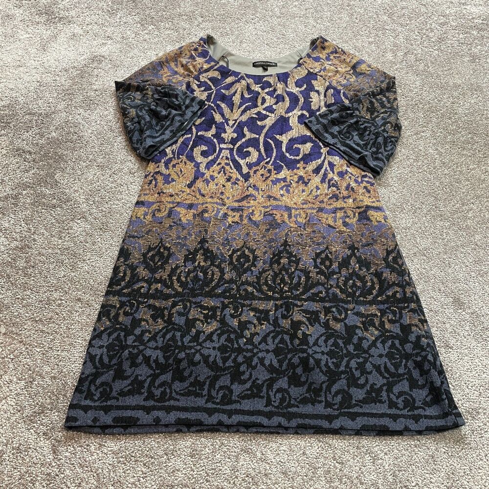Chris McLaughlin Dress Womens 14 Blue Gold Long Sleeve Soft Midi A Line Ladies